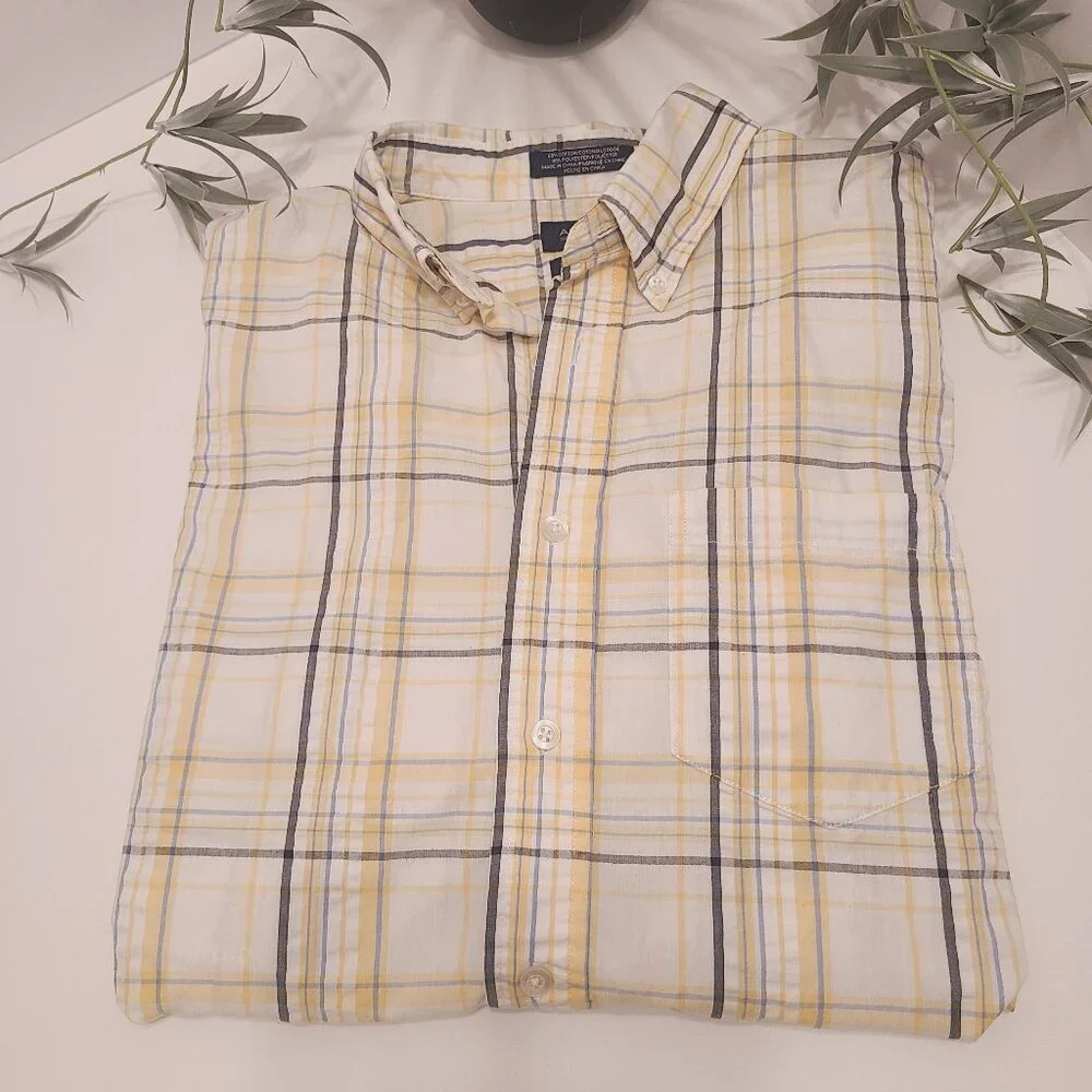 Arrow Classic Fit - Button-Down Shirt Men’s Med Yellow Blue Plaid Short Sleeve - Picture 3 of 8